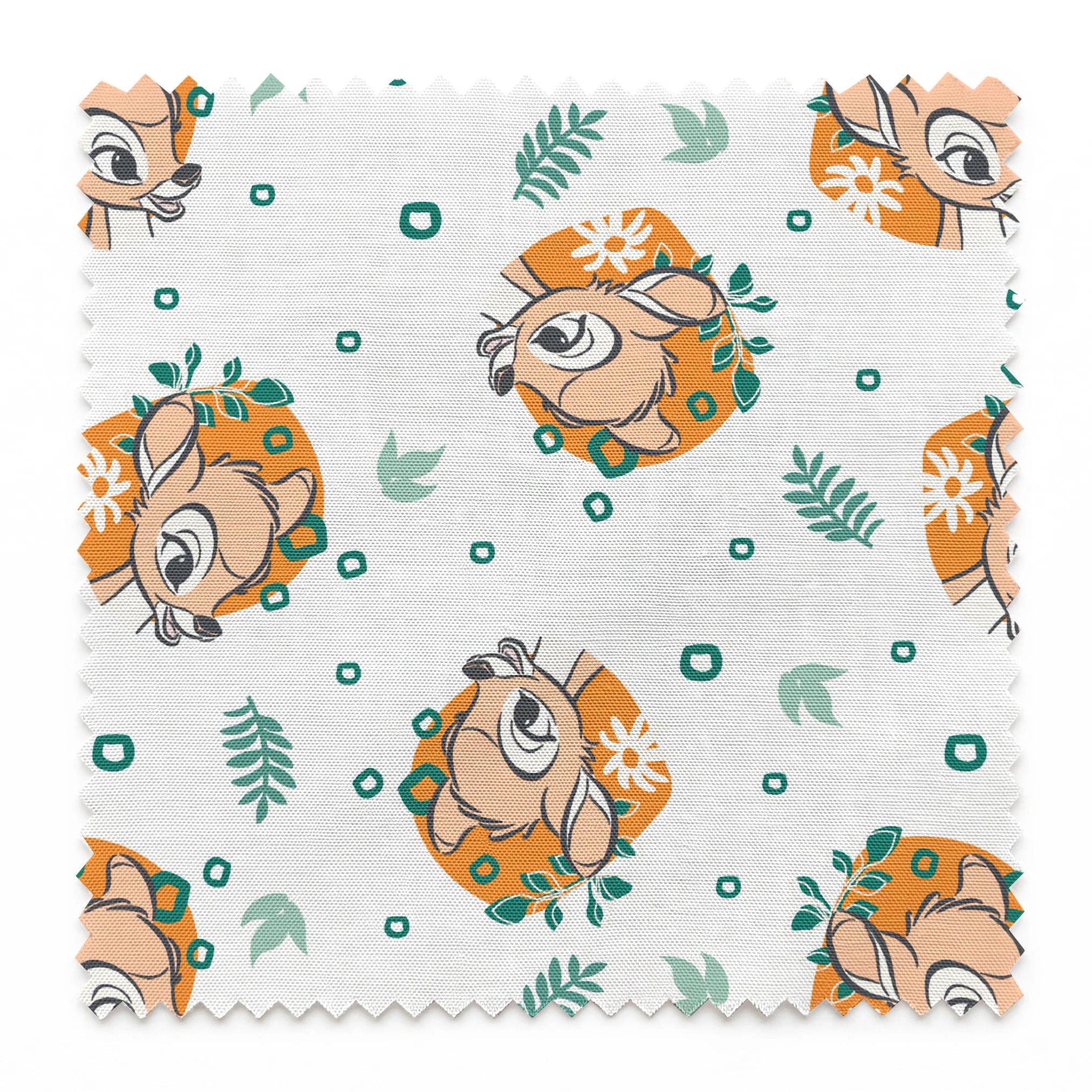 Disney’s Bambi illustrated in golden-orange floral medallions with green leaves and scattered geometric accents on a white background. springs swatch pinked