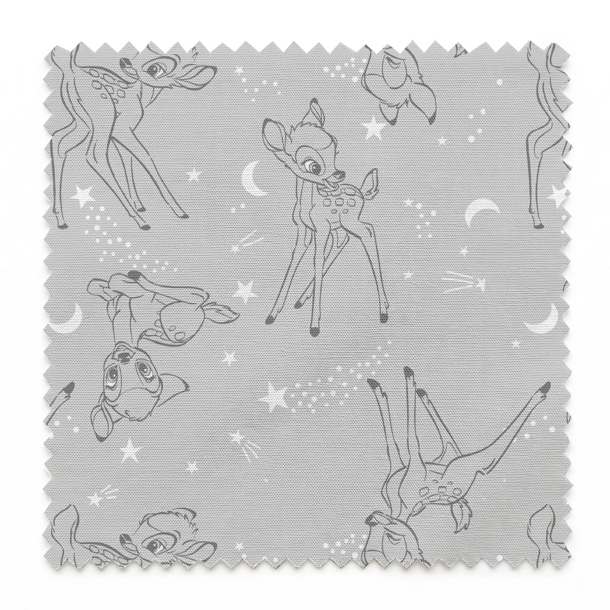 Line art illustrations of Disney’s Bambi surrounded by stars, moons, and stardust trails on a soft gray background in a scattered repeat. springs swatch pinked