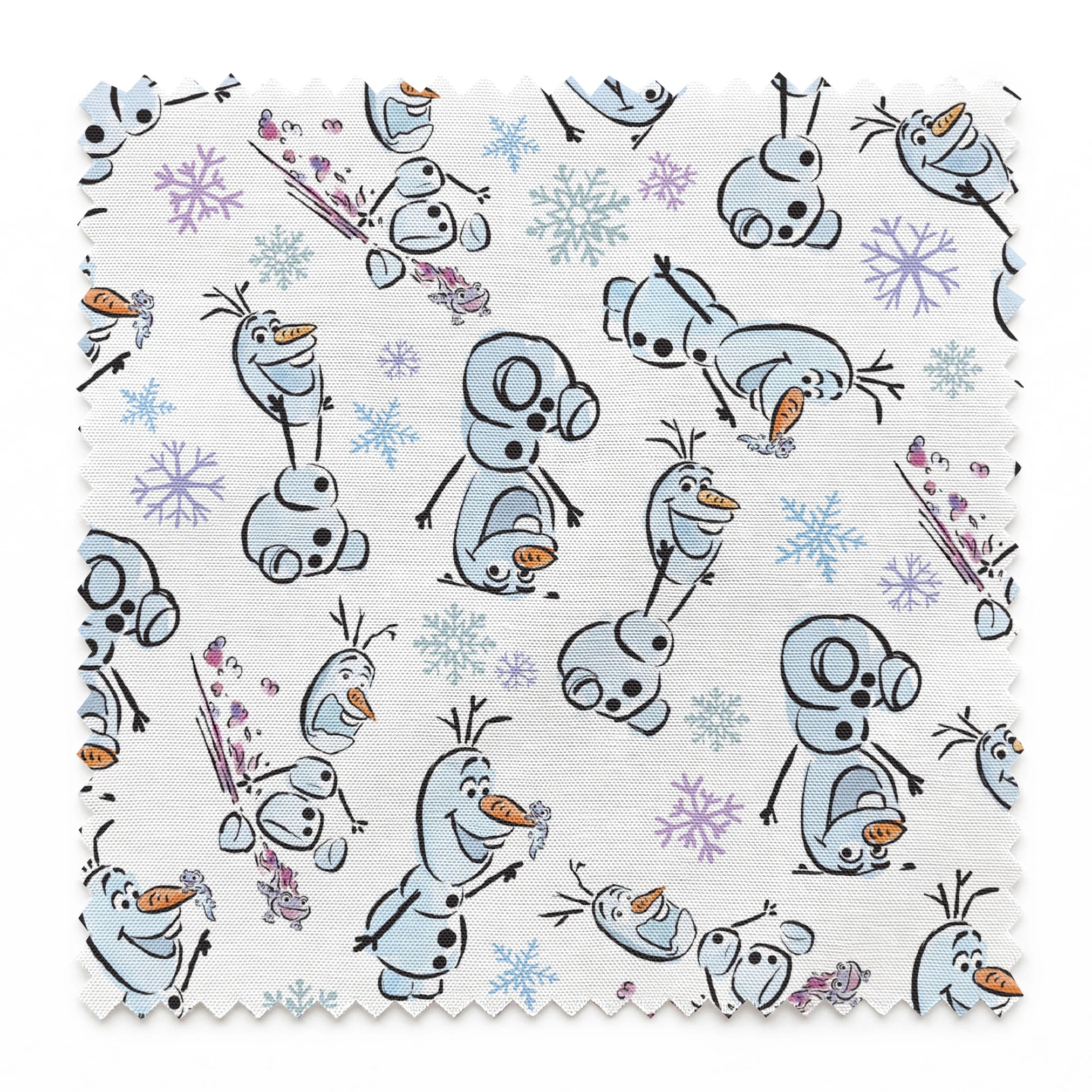 Disney Frozen Olaf with different happy expressions scattered on light blue background with snowflakes springs swatch pinked