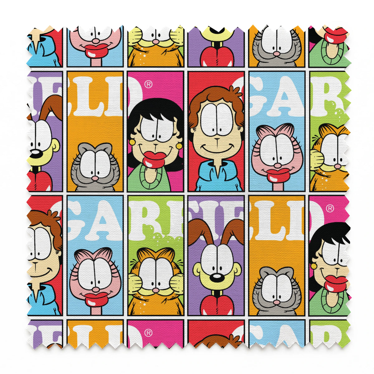 Colorful comic grid pattern with Garfield characters and letters arranged in repeating squares springs swatch pinked