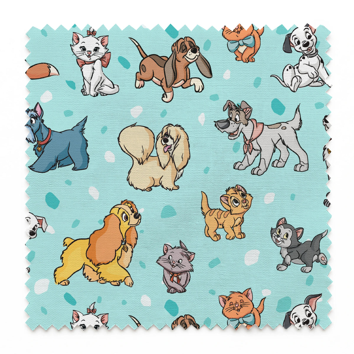 Cartoon-style Disney dogs and cats on a light blue background with scattered spots. springs swatch pinked