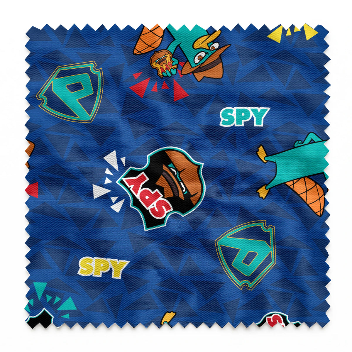 Colorful Perry the Platypus pattern with "SPY" text on blue geometric background springs swatch pinked