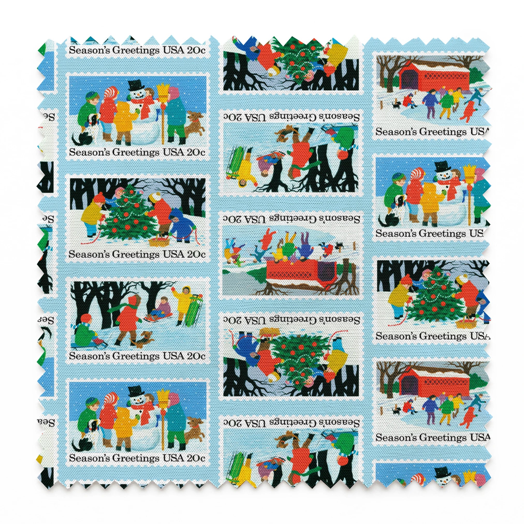 USPS Scenic Season's Greetings Stamps on Blue Fabric