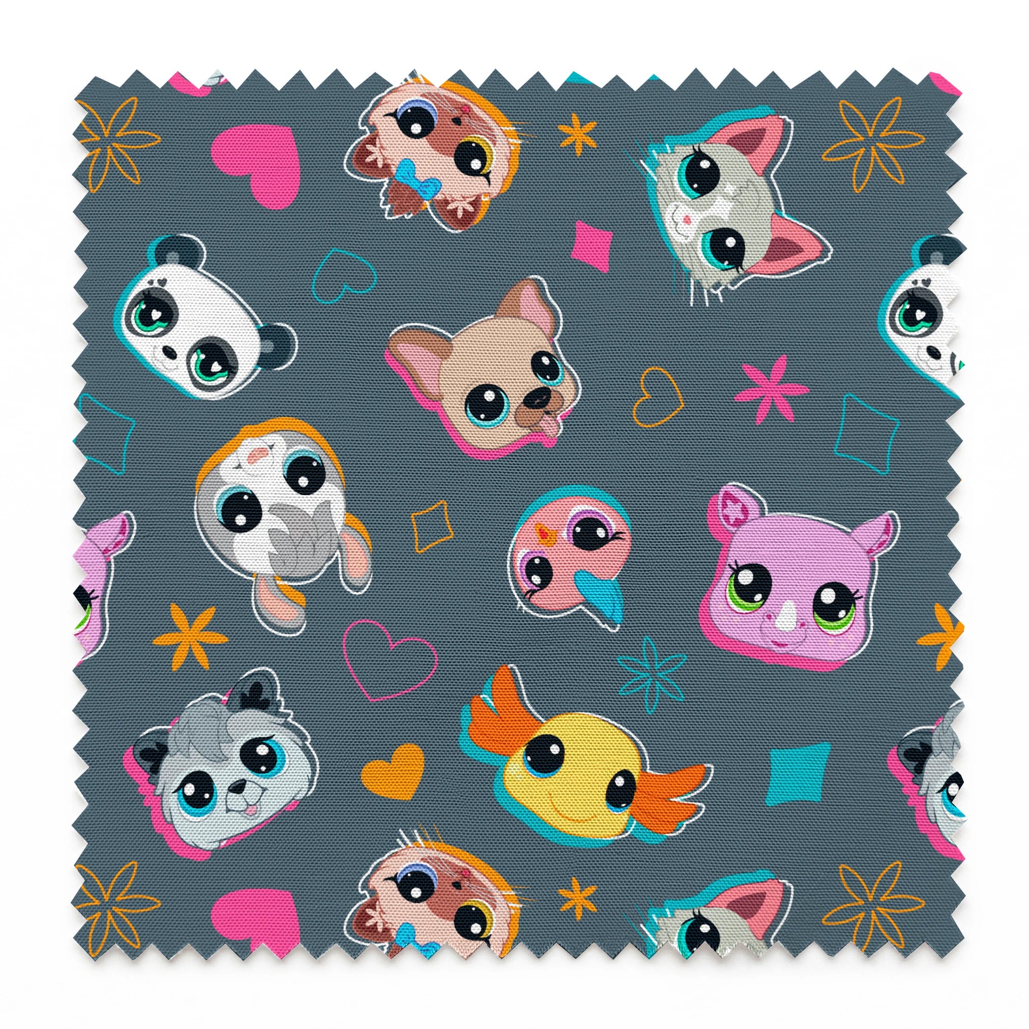 Hasbro Littliest Pet Shop Shapes and Faces on Grey Fabric