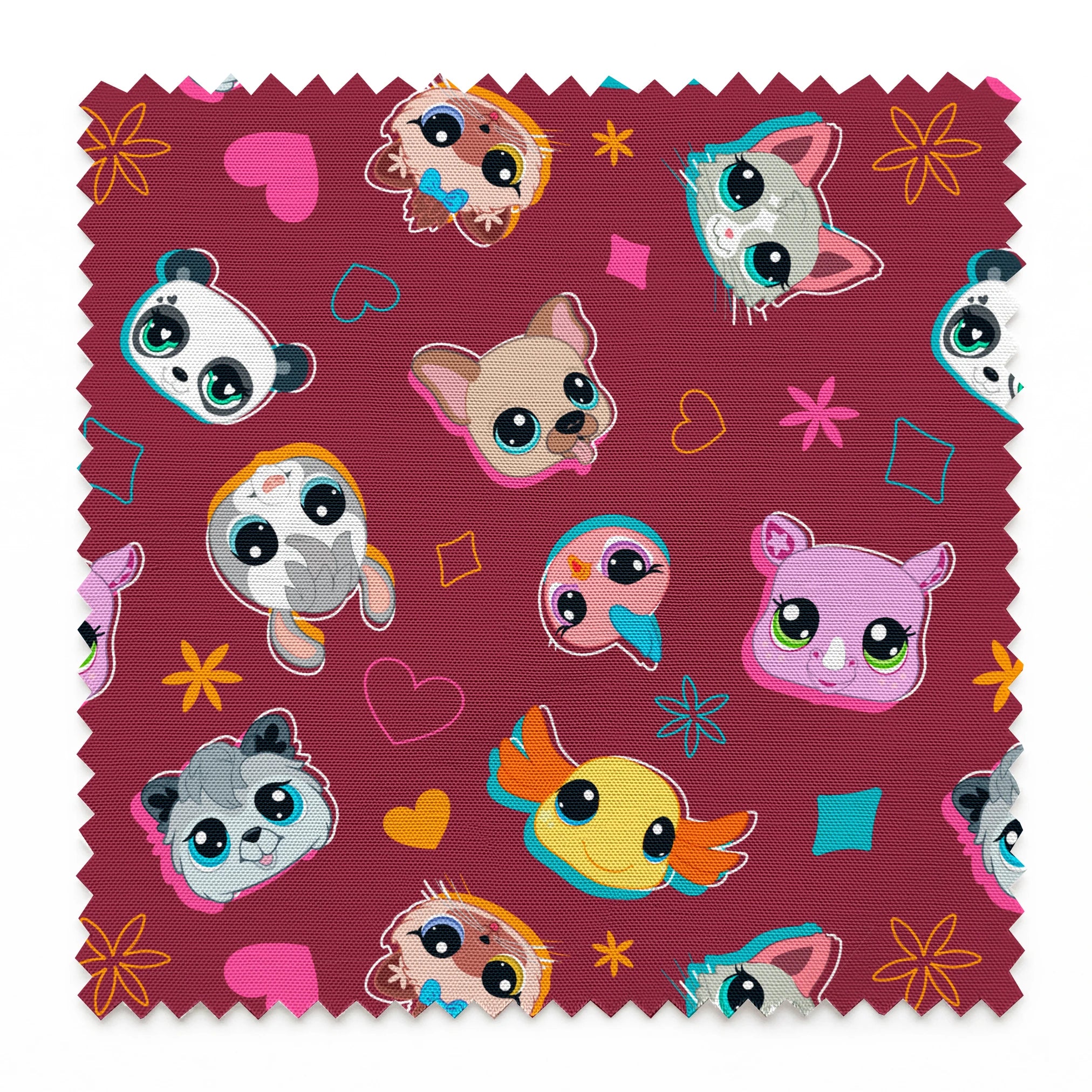 Hasbro Littliest Pet Shop Shapes and Faces on Burgundy Fabric