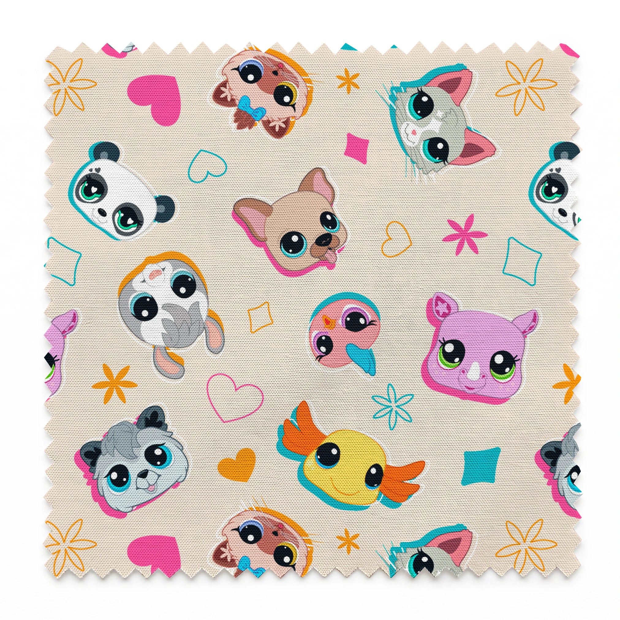 Hasbro Littliest Pet Shop Shapes and Faces on Beige Fabric