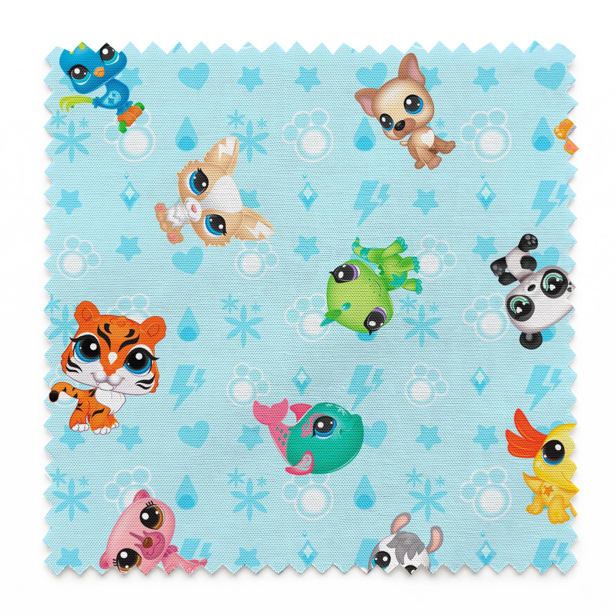 Hasbro Littliest Pet Shop Character Collage on Blue Fabric