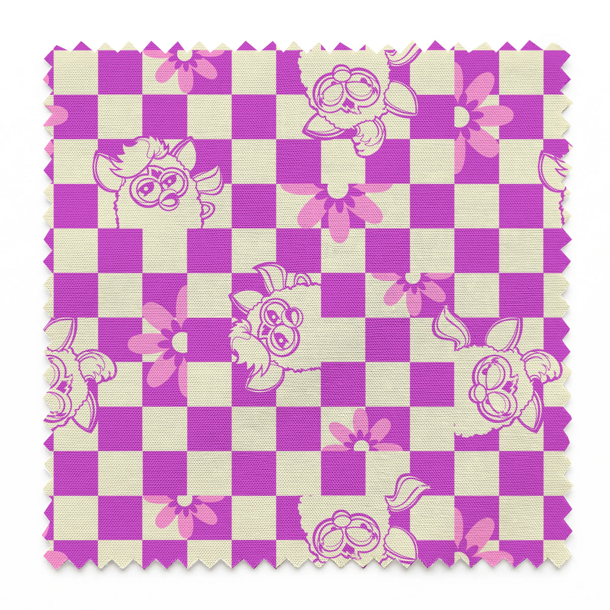 Hasbro Furby Checkered Flowers on Purple Fabric