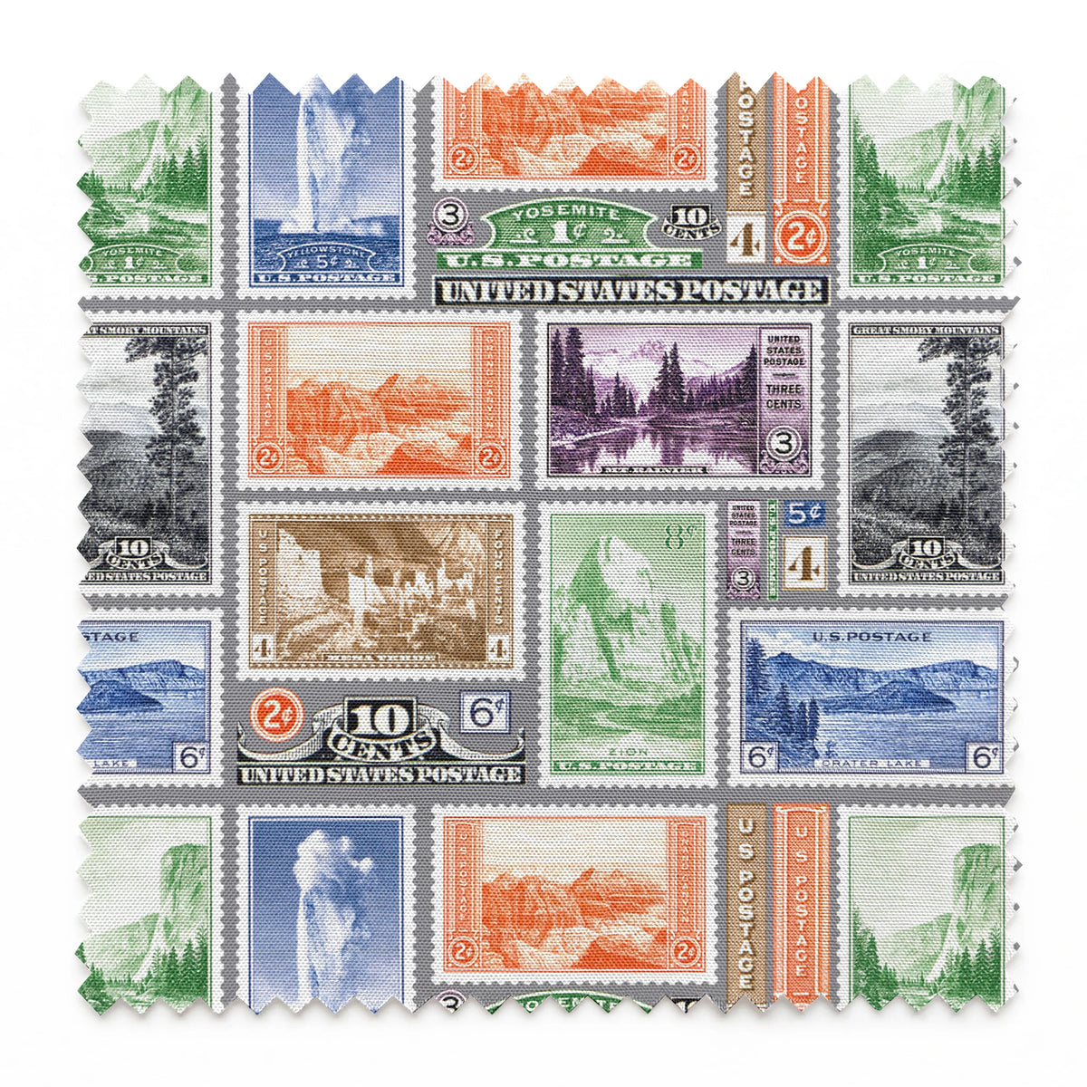 USPS National Park Stamps on Gray Fabric