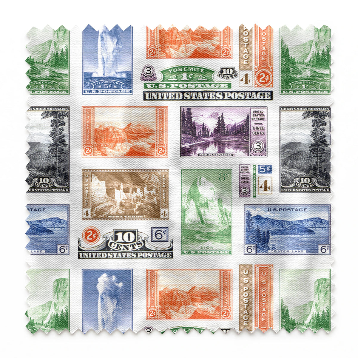 USPS National Park Stamps on White Fabric