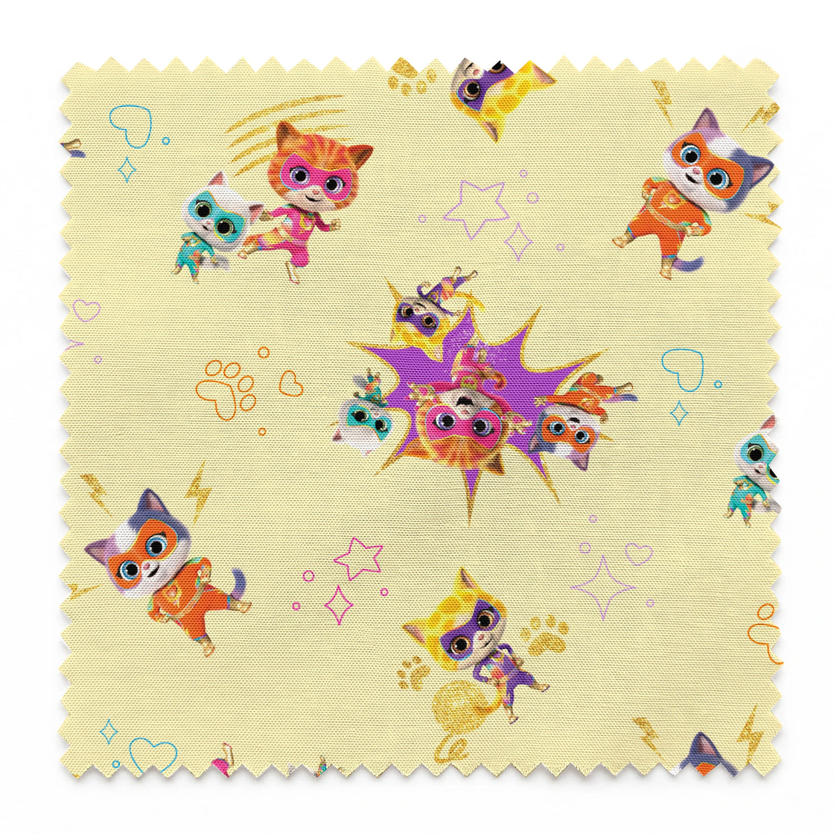 Disney Jr's. SuperKitties Fierce Fighters on Yellow Fabric