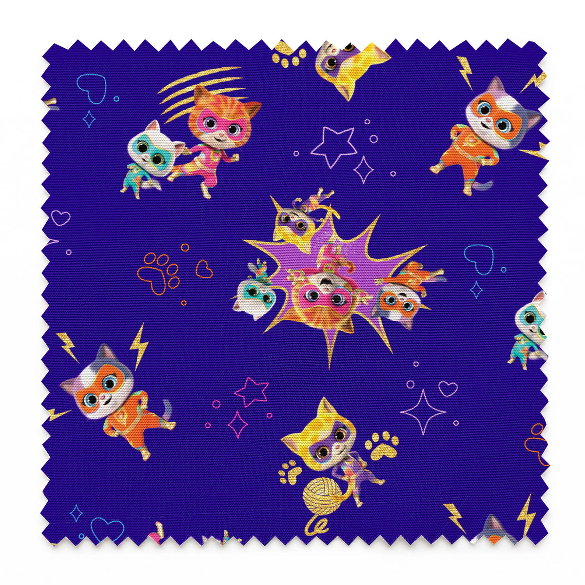 Disney Jr's. SuperKitties Fierce Fighters on Blue Fabric