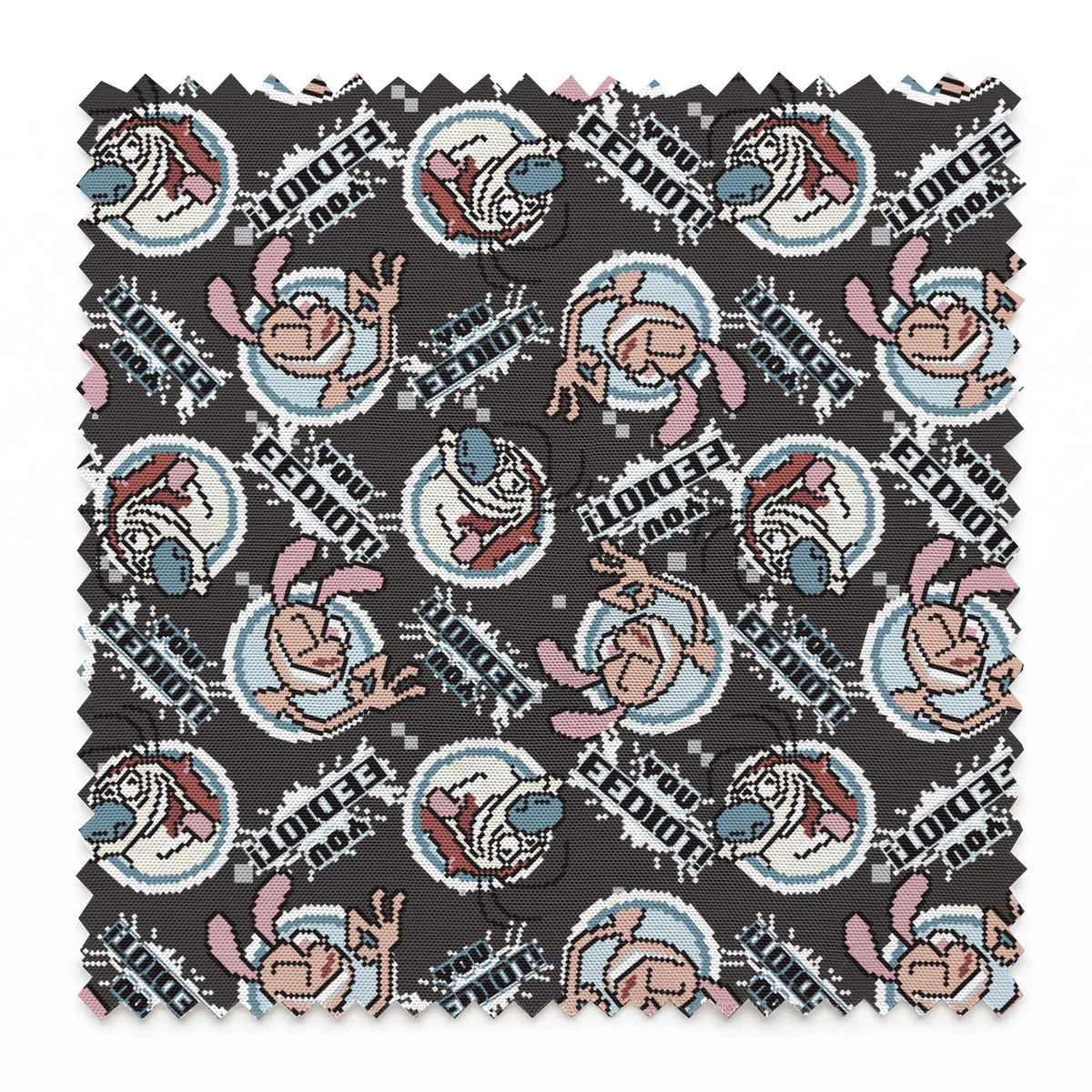 Ren & Stimpy EEDIOT! Pixels on Gray Fabric