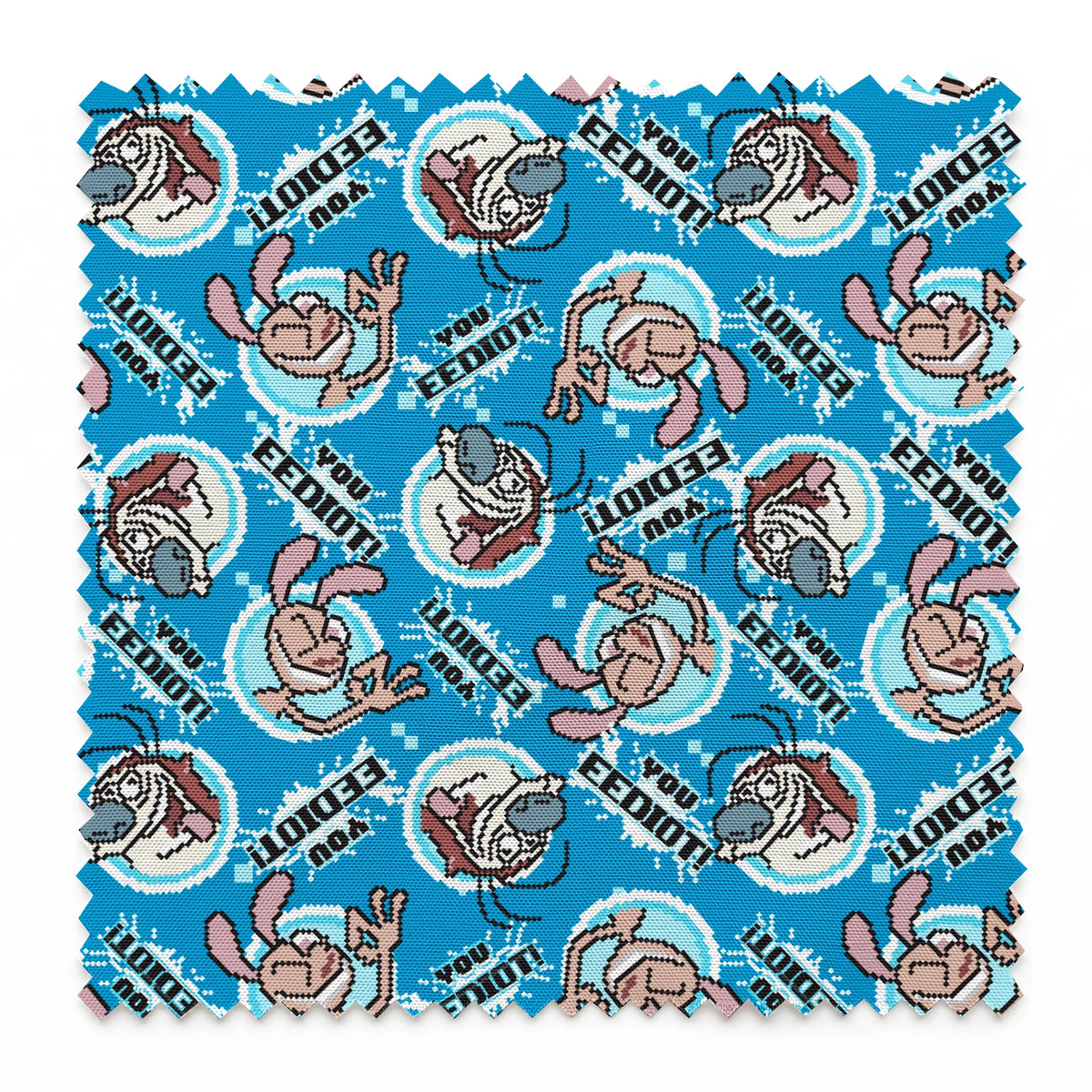 Ren & Stimpy EEDIOT! Pixels on Blue Fabric