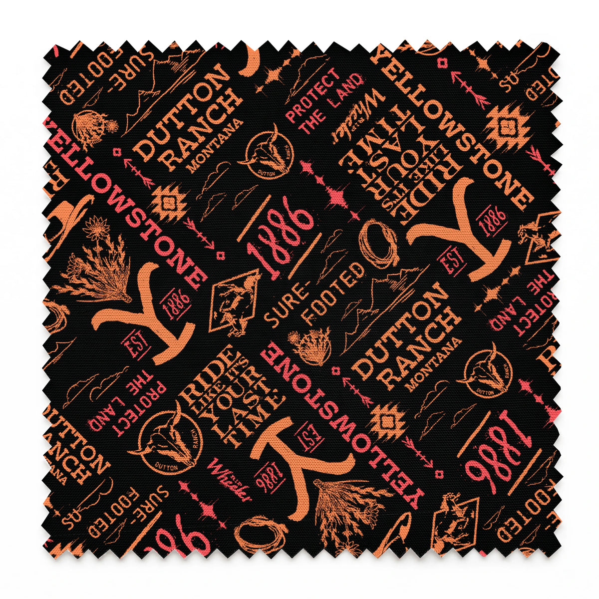 Paramount Yellowstone Verbiage Collage on Sunset Fabric