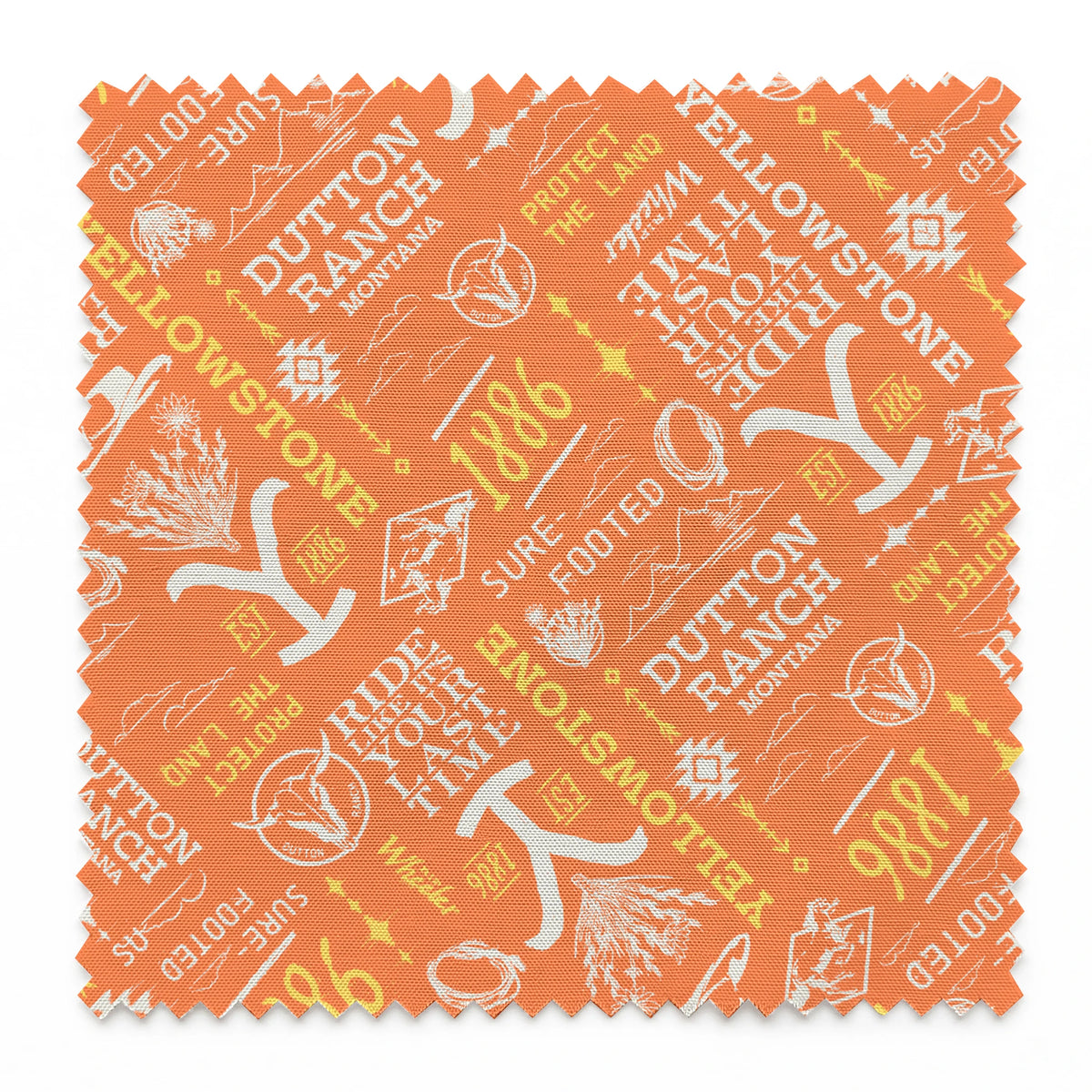Paramount Yellowstone Verbiage Collage on Orange Fabric