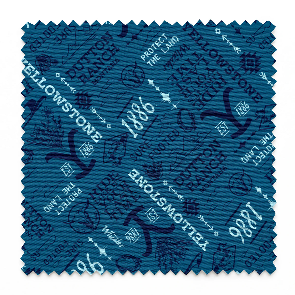 Paramount Yellowstone Verbiage Collage on Blue Fabric
