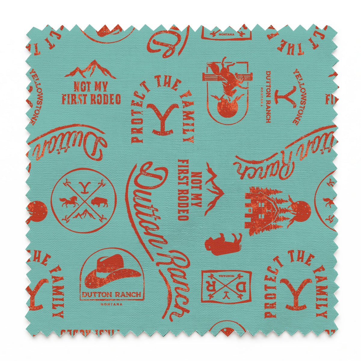 Paramount Yellowstone Dutton Ranch Icons on Aqua Fabric