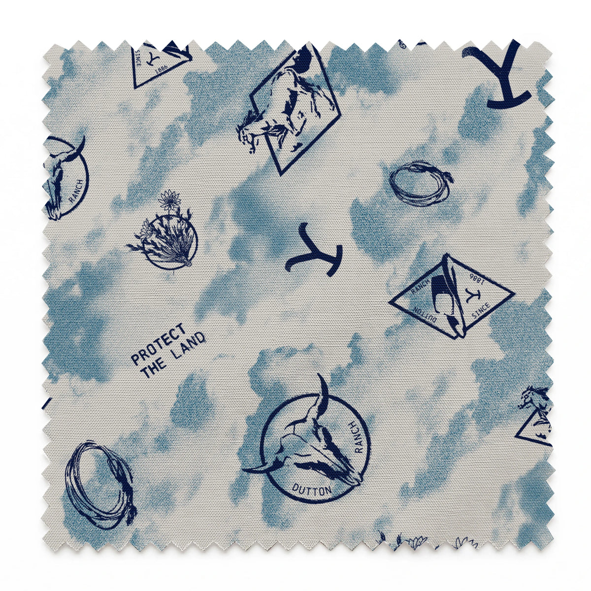 Paramount Yellowstone Icons in the Clouds on Blue Fabric