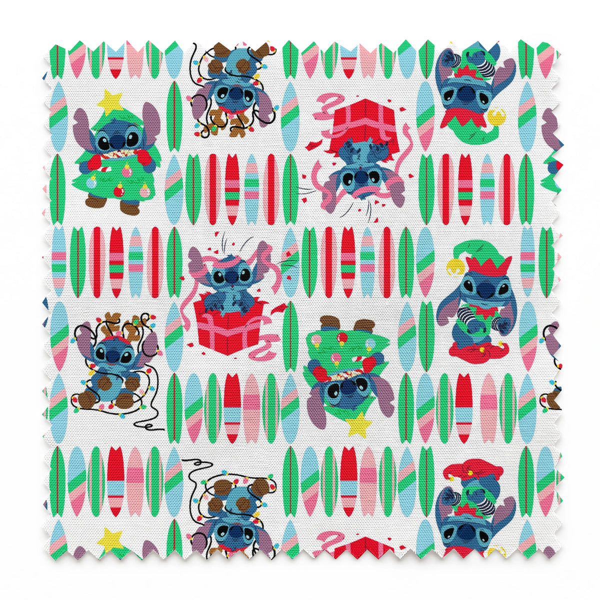 Stitch character pattern with Christmas themes, surfboards, and presents on white background