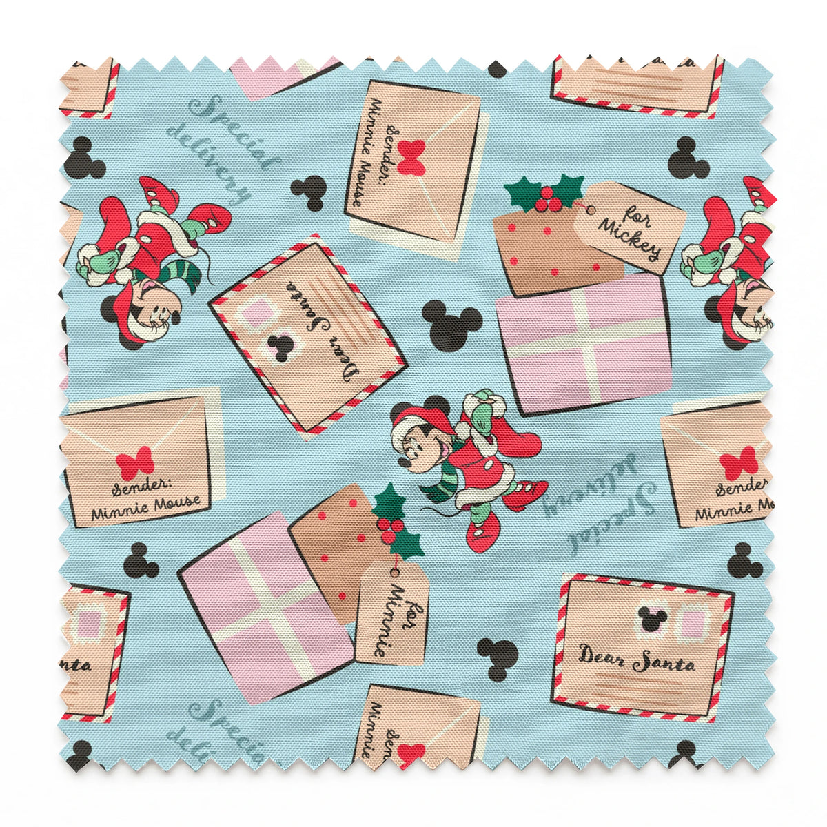 Disney Christmas pattern with Mickey Mouse icons, letters to Santa, and holiday decorations on light blue background.