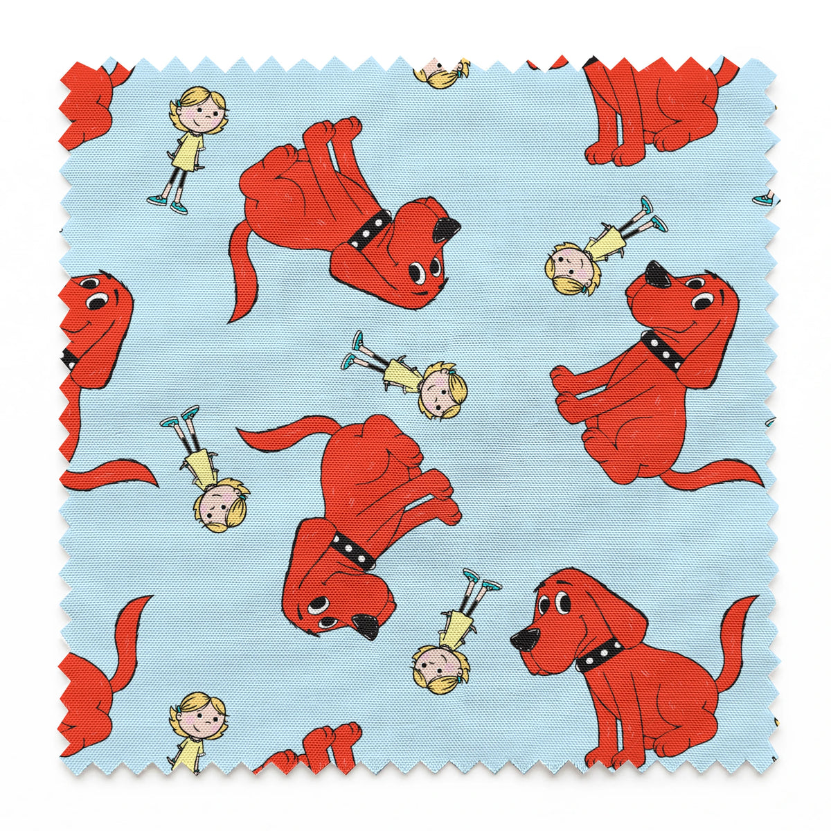 Clifford the Big Red Dog and Emily Elizabeth Toss on Blue Fabric