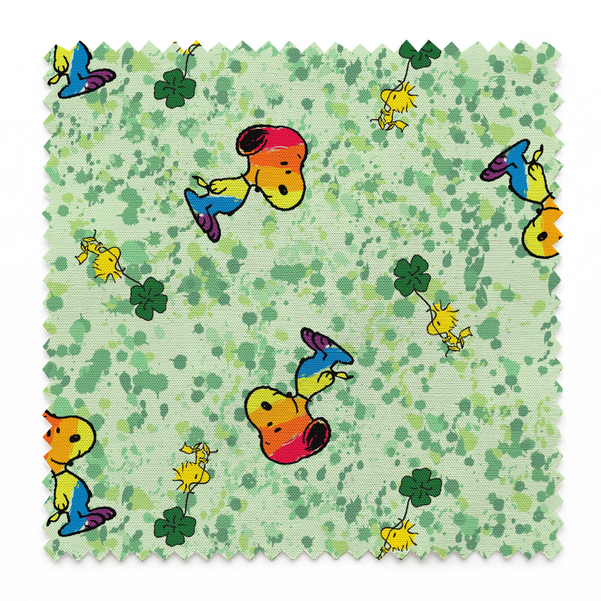 Peanuts Woodstock & Snoopy on Green Clover Fabric