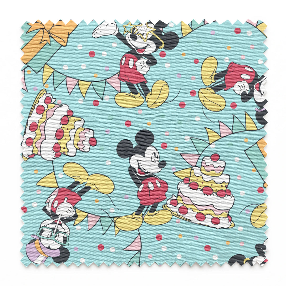 Mickey Mouse celebrating with cakes, presents, and colorful party decorations on light blue background.