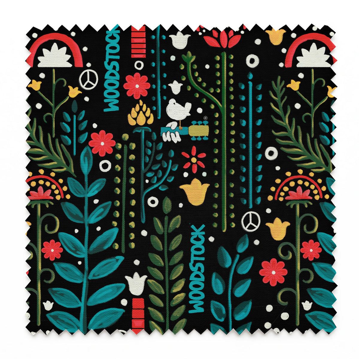 Woodstock Retro Greenery on Black Fabric