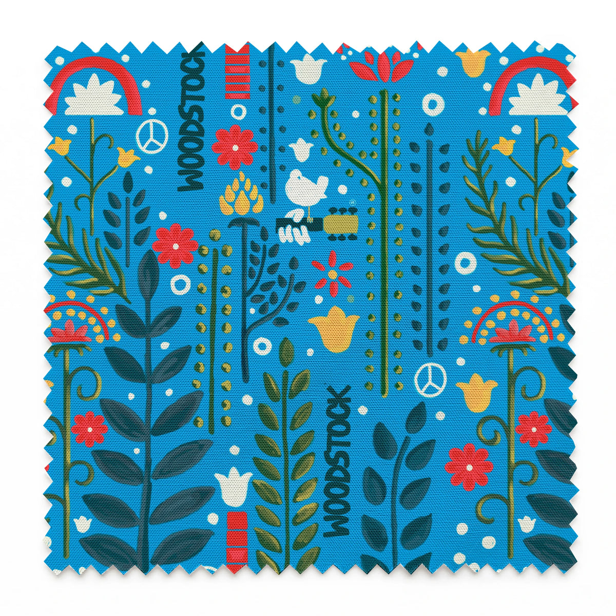 Woodstock Retro Greenery on Blue Fabric