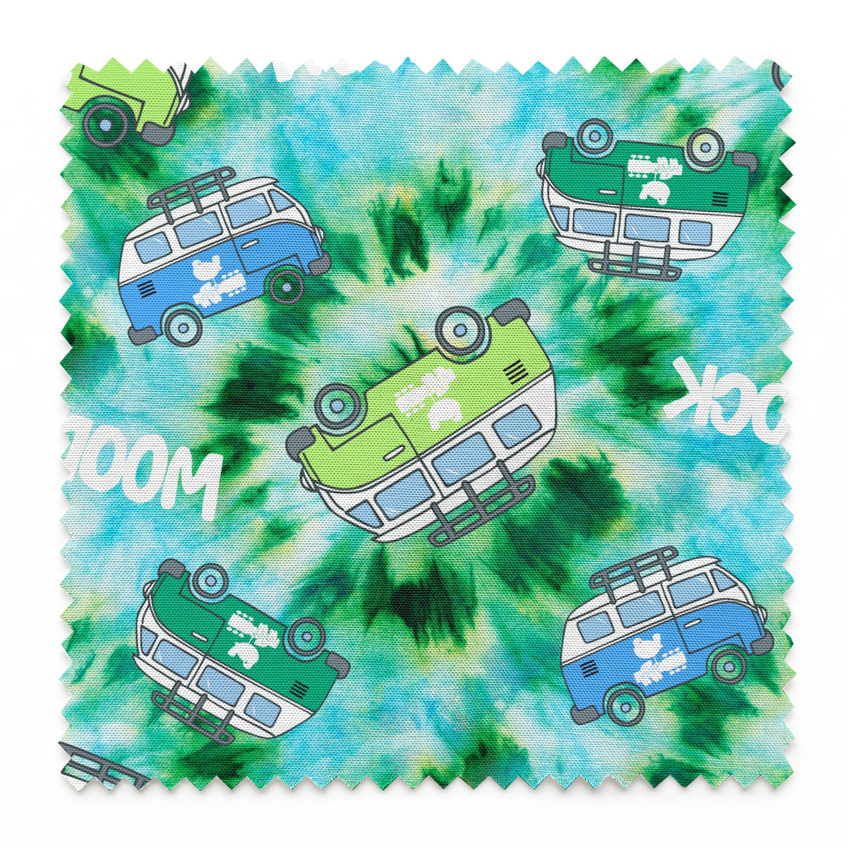 Woodstock Tie-dye Van on Green Fabric