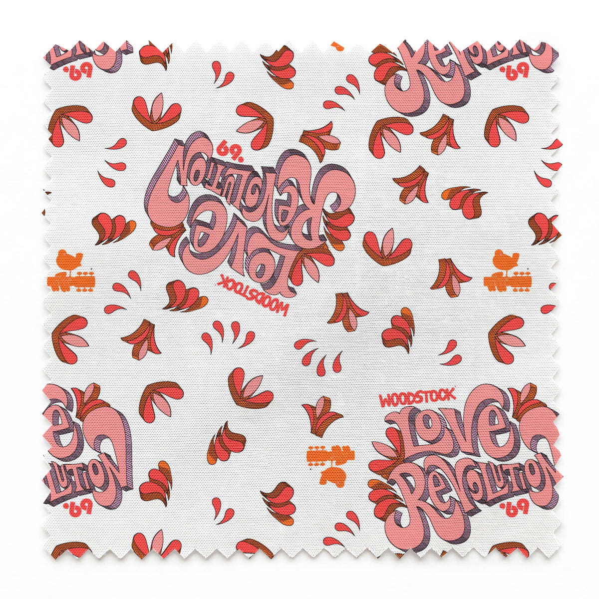 Woodstock Love Revolution on White Fabric