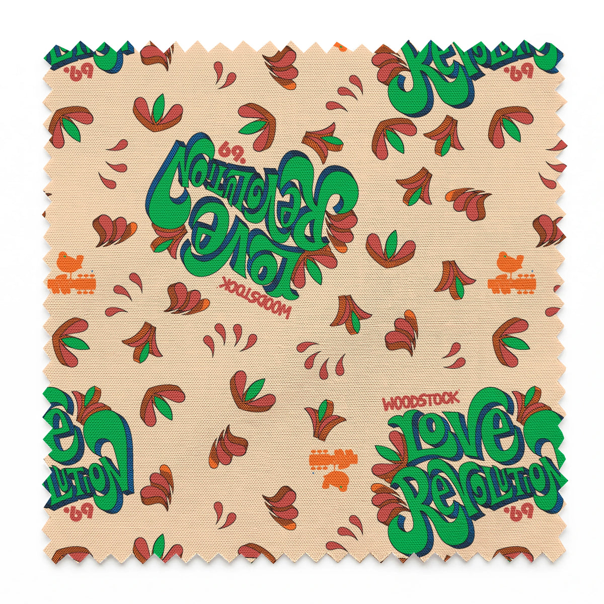 Woodstock Love Revolution on Tan Fabric