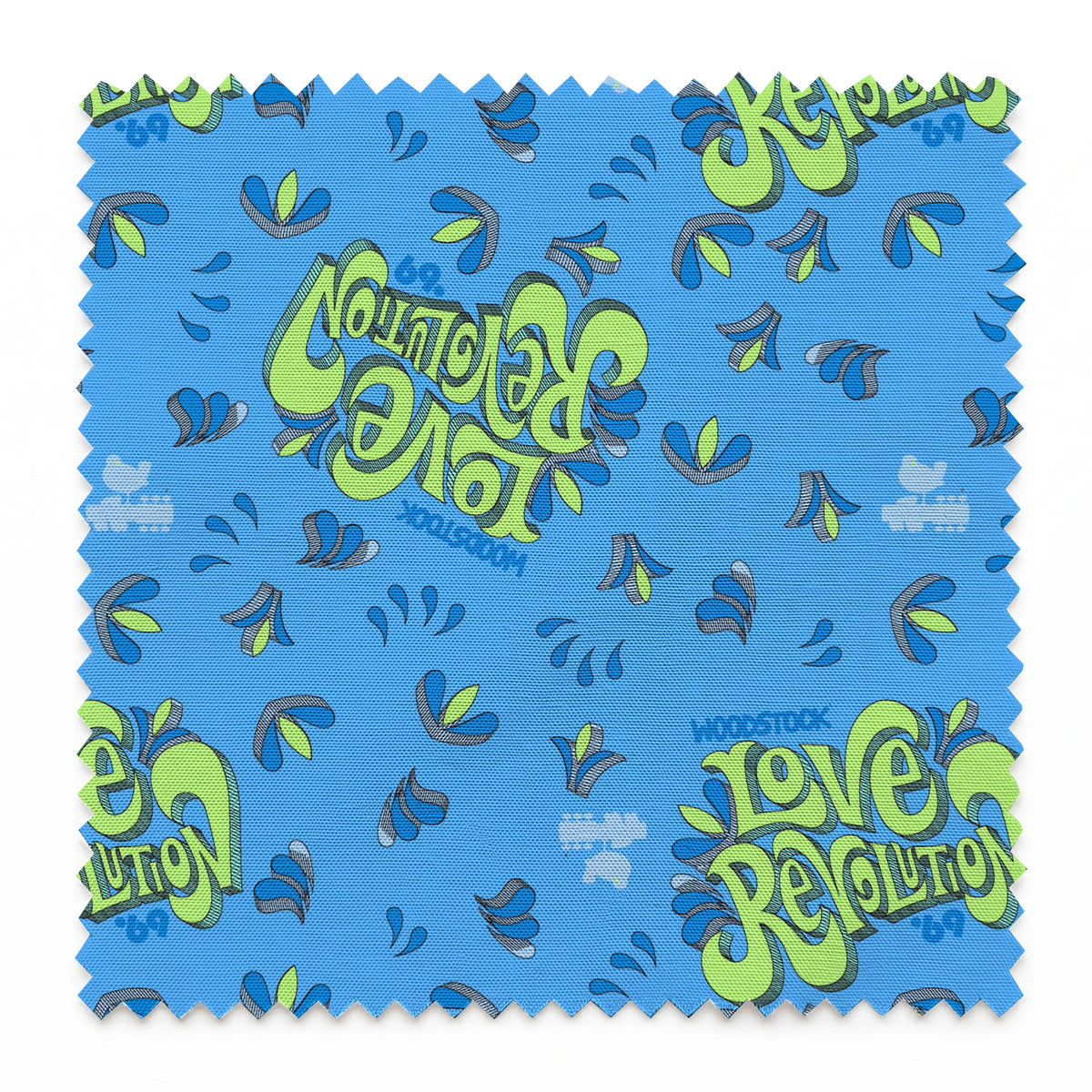 Woodstock Love Revolution on Blue Fabric