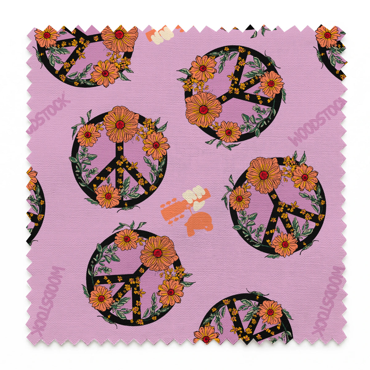 Woodstock Floral Peace Signs on Lavender Fabric