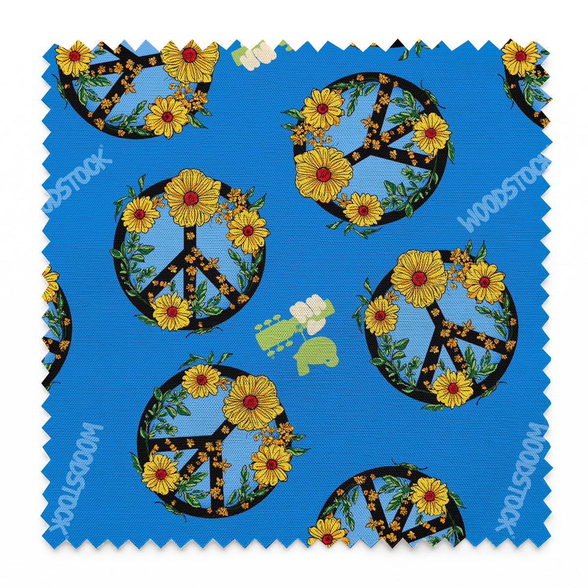 Woodstock Floral Peace Signs on Blue Fabric