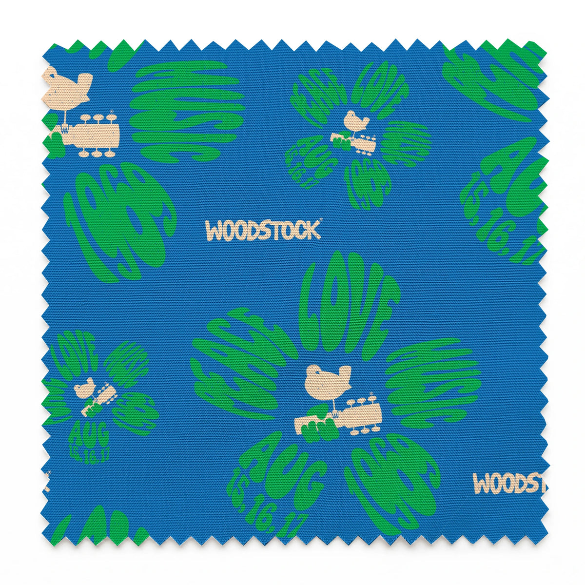 Woodstock Peace, Love, Music Florals on Blue Fabric