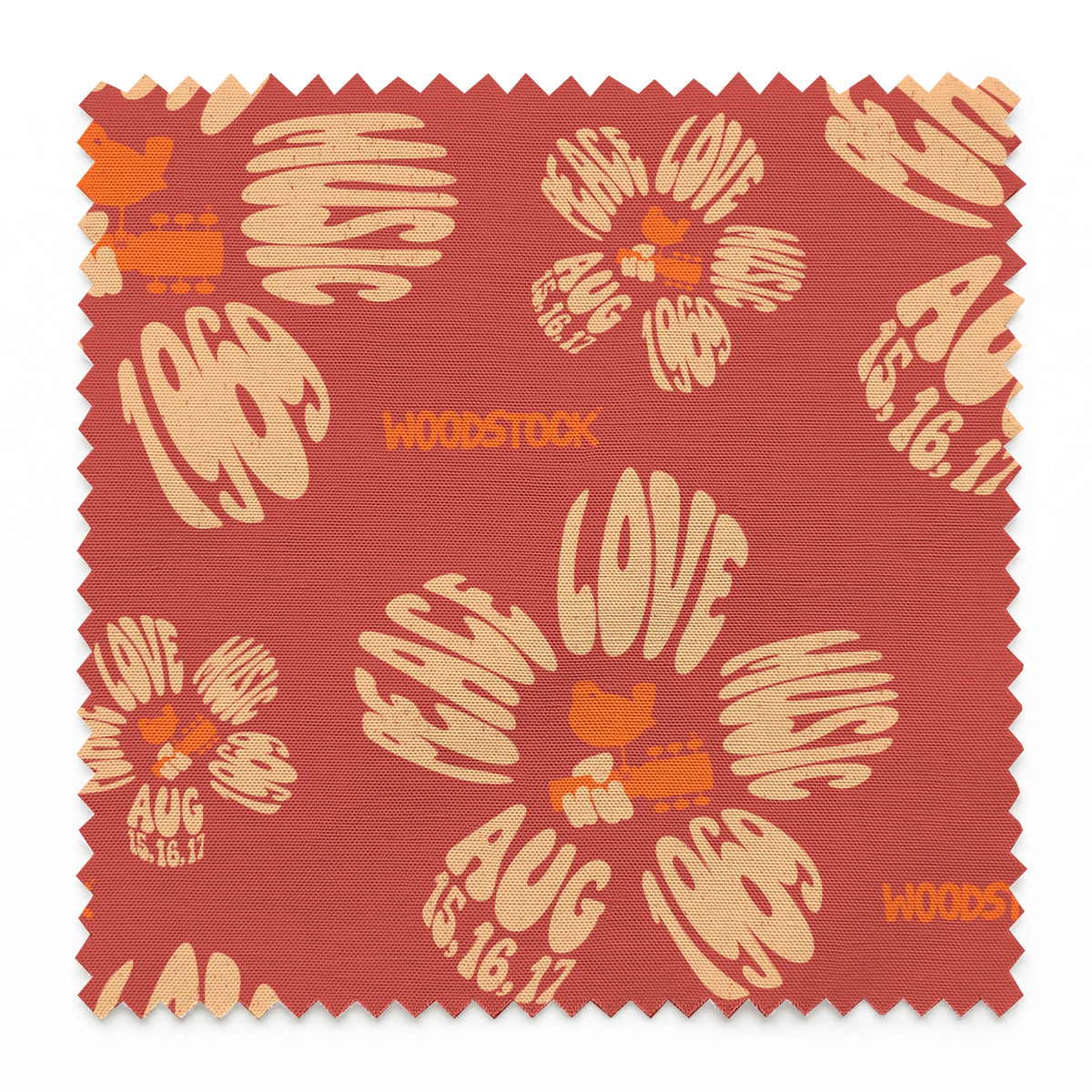 Woodstock Peace, Love, Music Florals on Rust Fabric