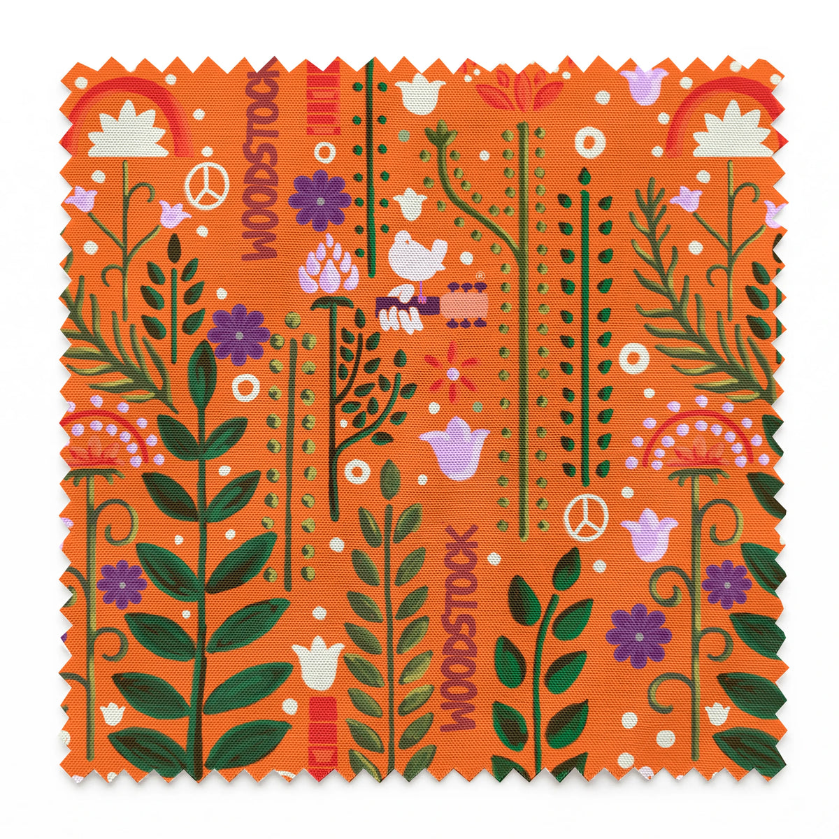 Woodstock Retro Greenery on Orange Fabric
