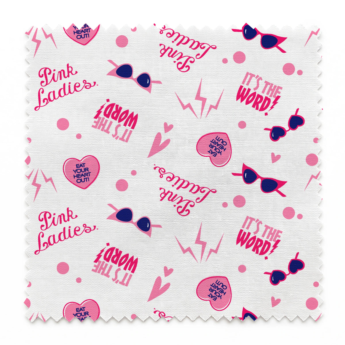 Paramount Grease  Retro Pink Ladies Icons on White Fabric