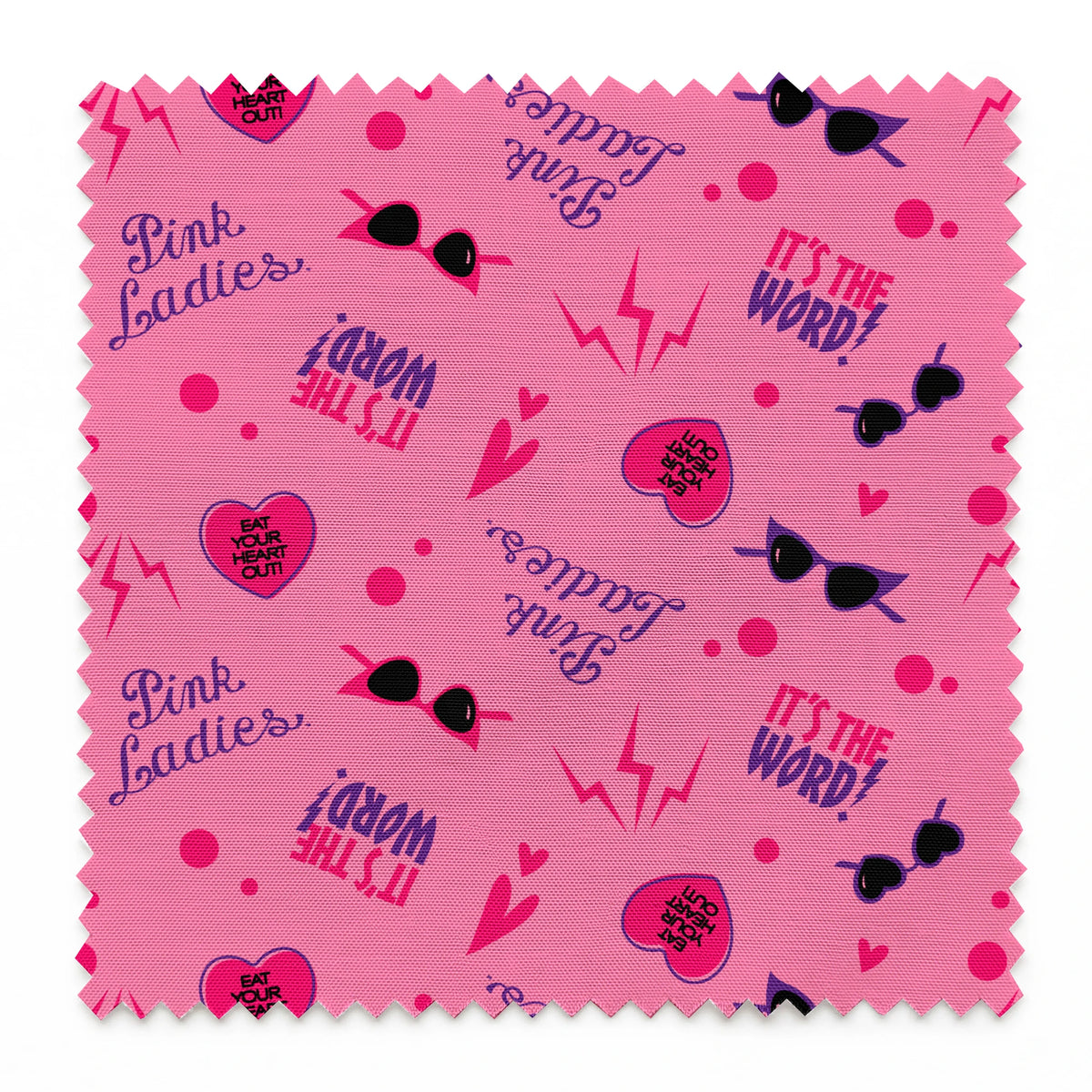 Paramount Grease  Retro Pink Ladies Icons on Pink Fabric