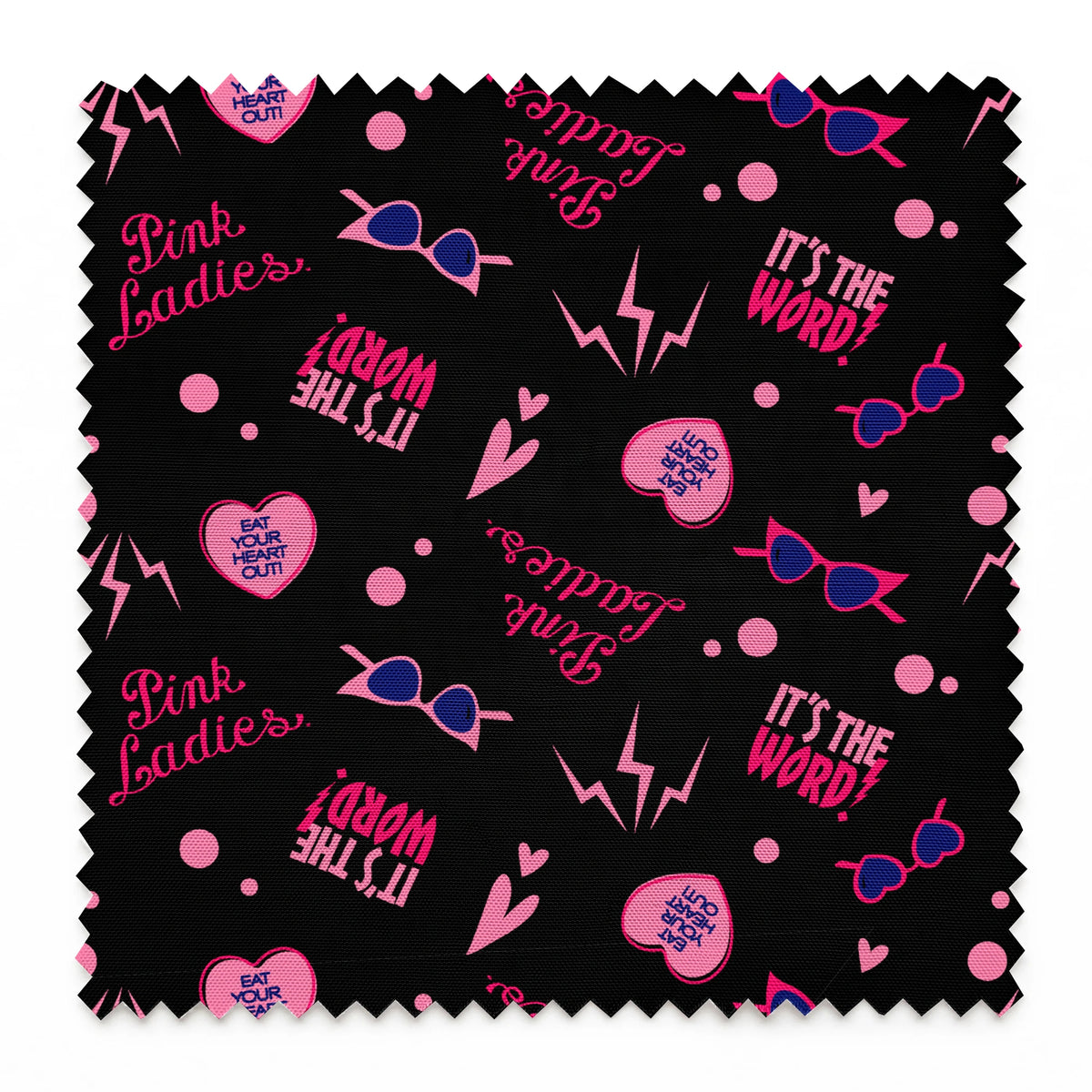 Paramount Grease  Retro Pink Ladies Icons on Black Fabric