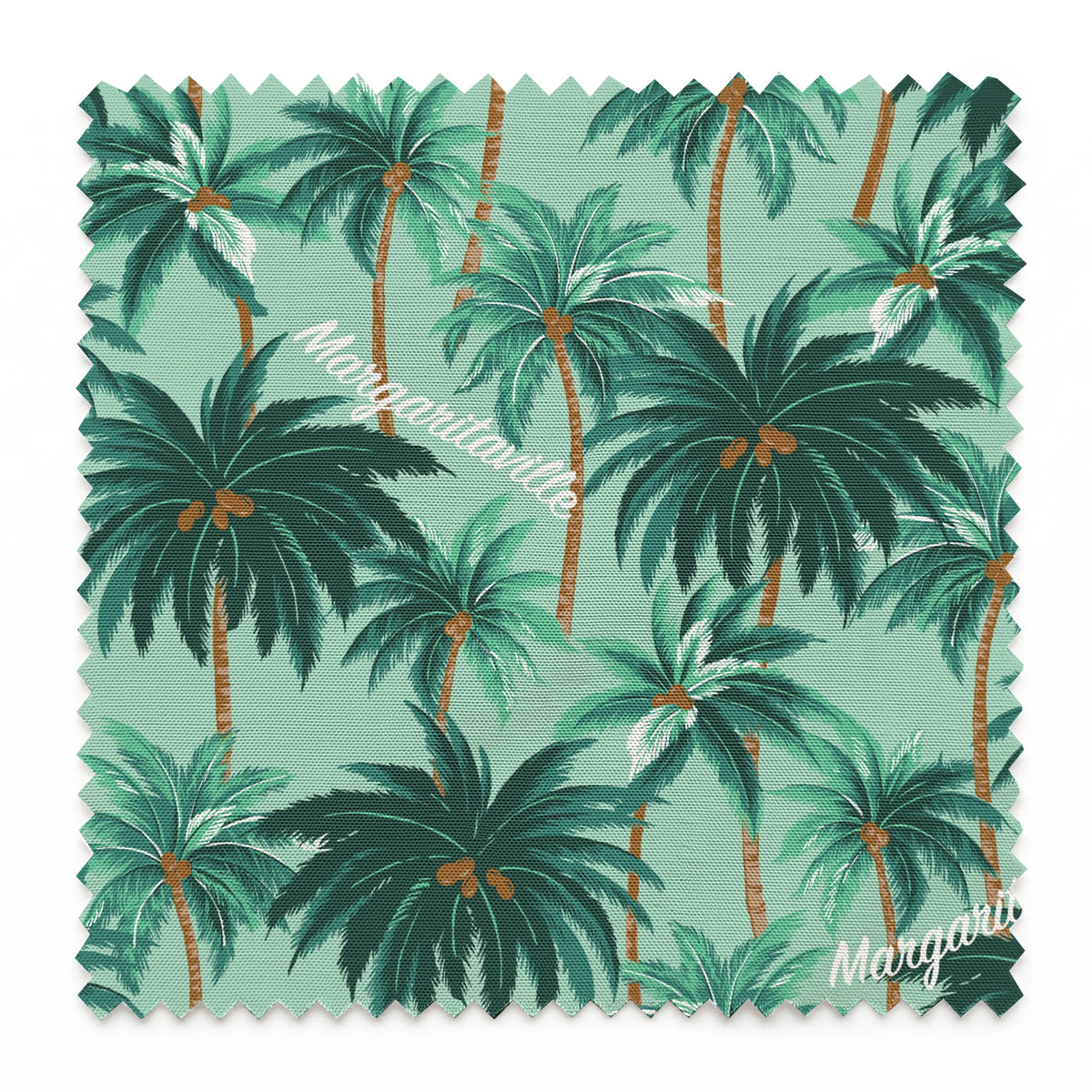 Margaritaville palm tree pattern on mint green background, tropical design with repeated dark green palms