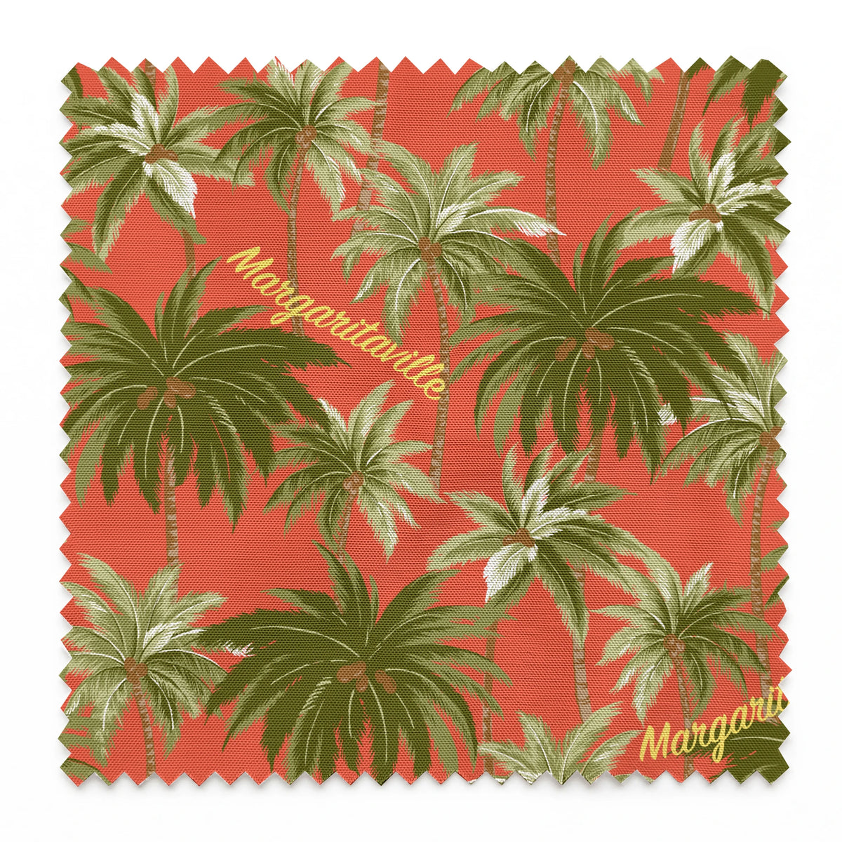 Tropical palm tree pattern on coral background with "Margaritaville" text in gold lettering