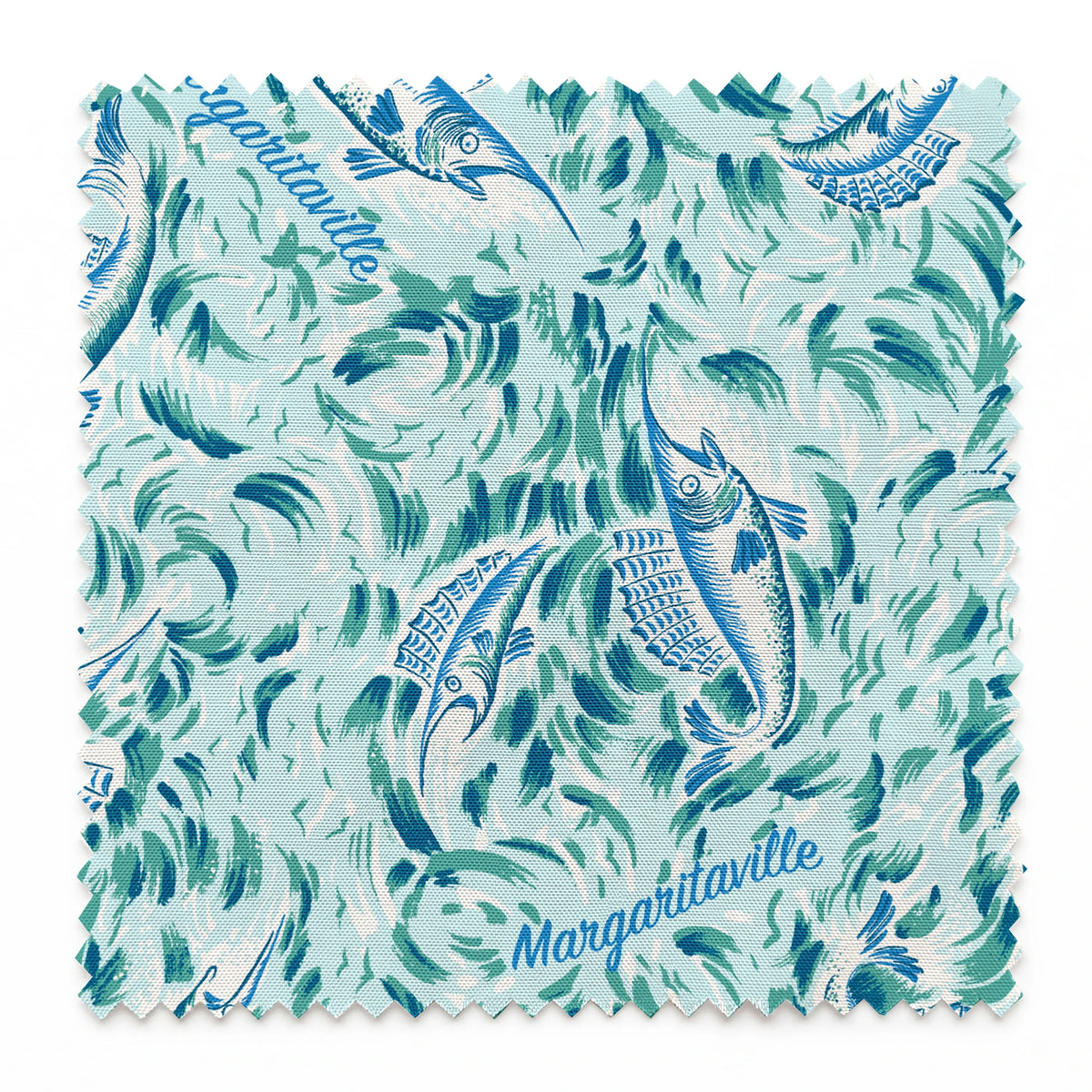 Abstract Margaritaville marbled pattern in teal, blue and white with swirling floral motifs and delicate wave-like designs