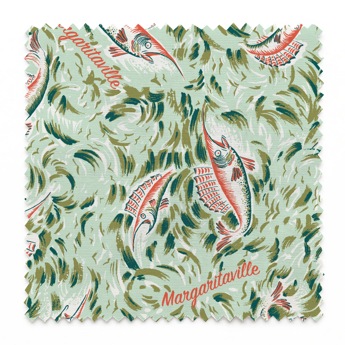 Ornate abstract tropical fish pattern with swirling leaves in vintage Florida style