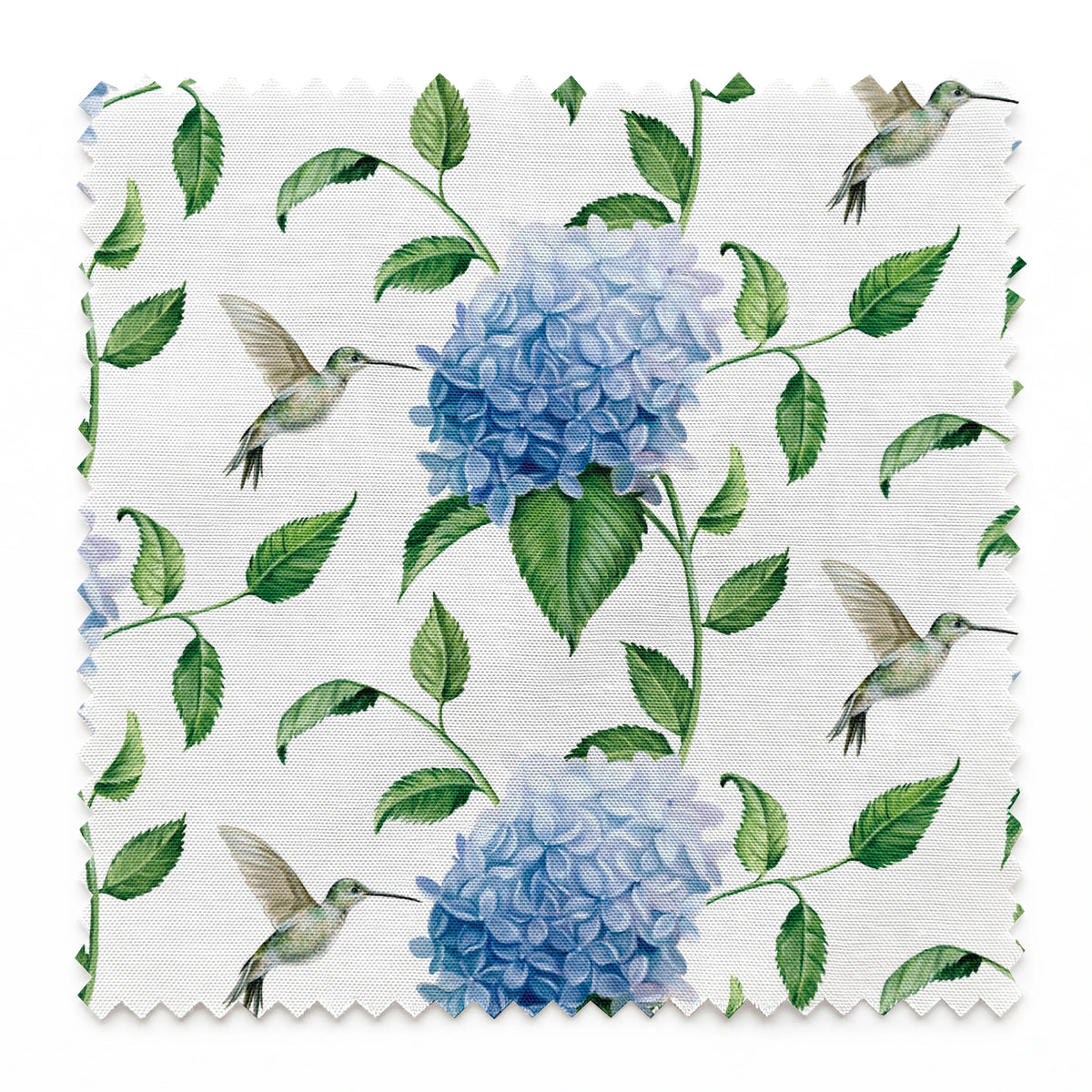 Danielle Murray Hydrangeas and Hummingbirds on White Fabric