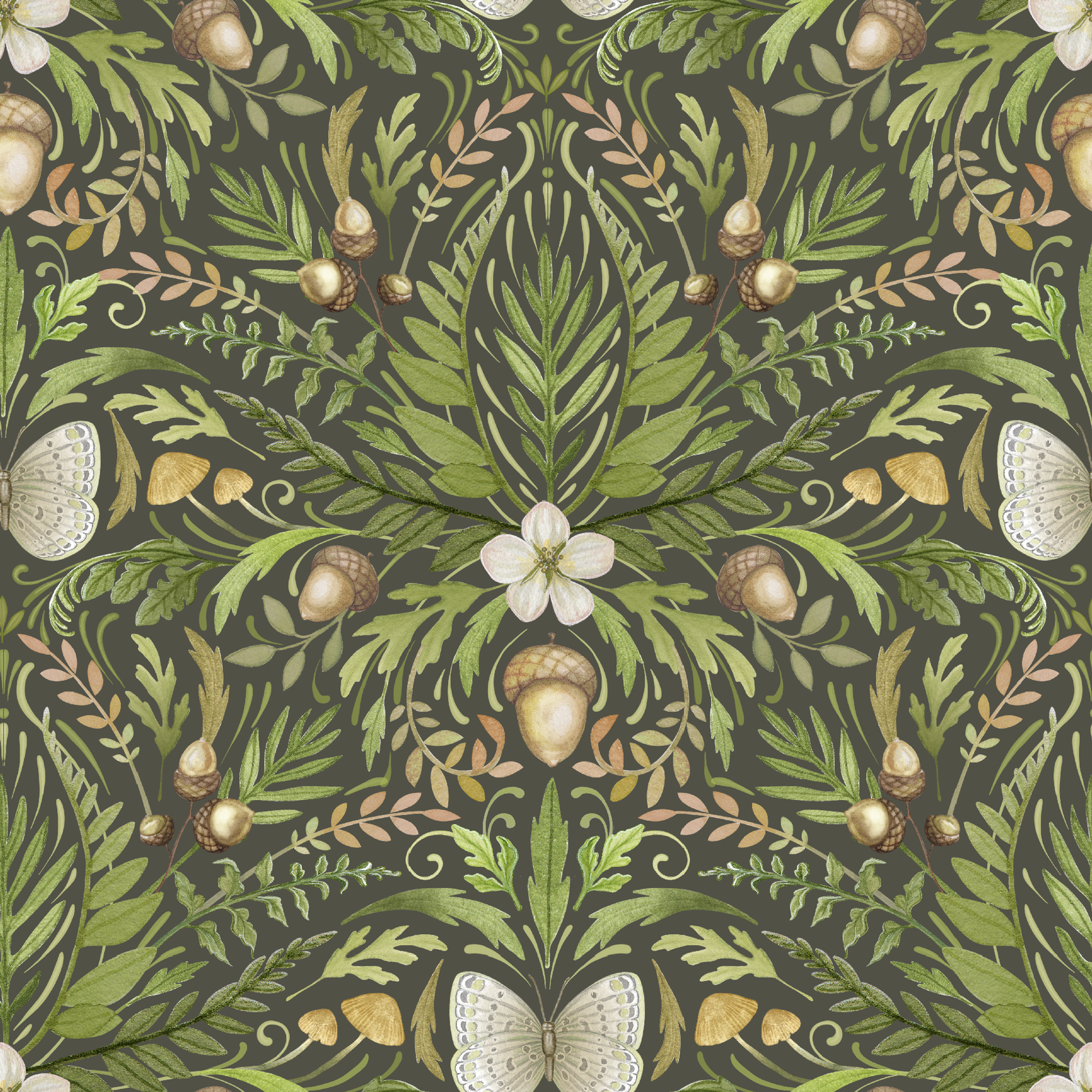 Symmetrical botanical pattern with green foliage, white flowers, and brown accents on dark background tiled preview square