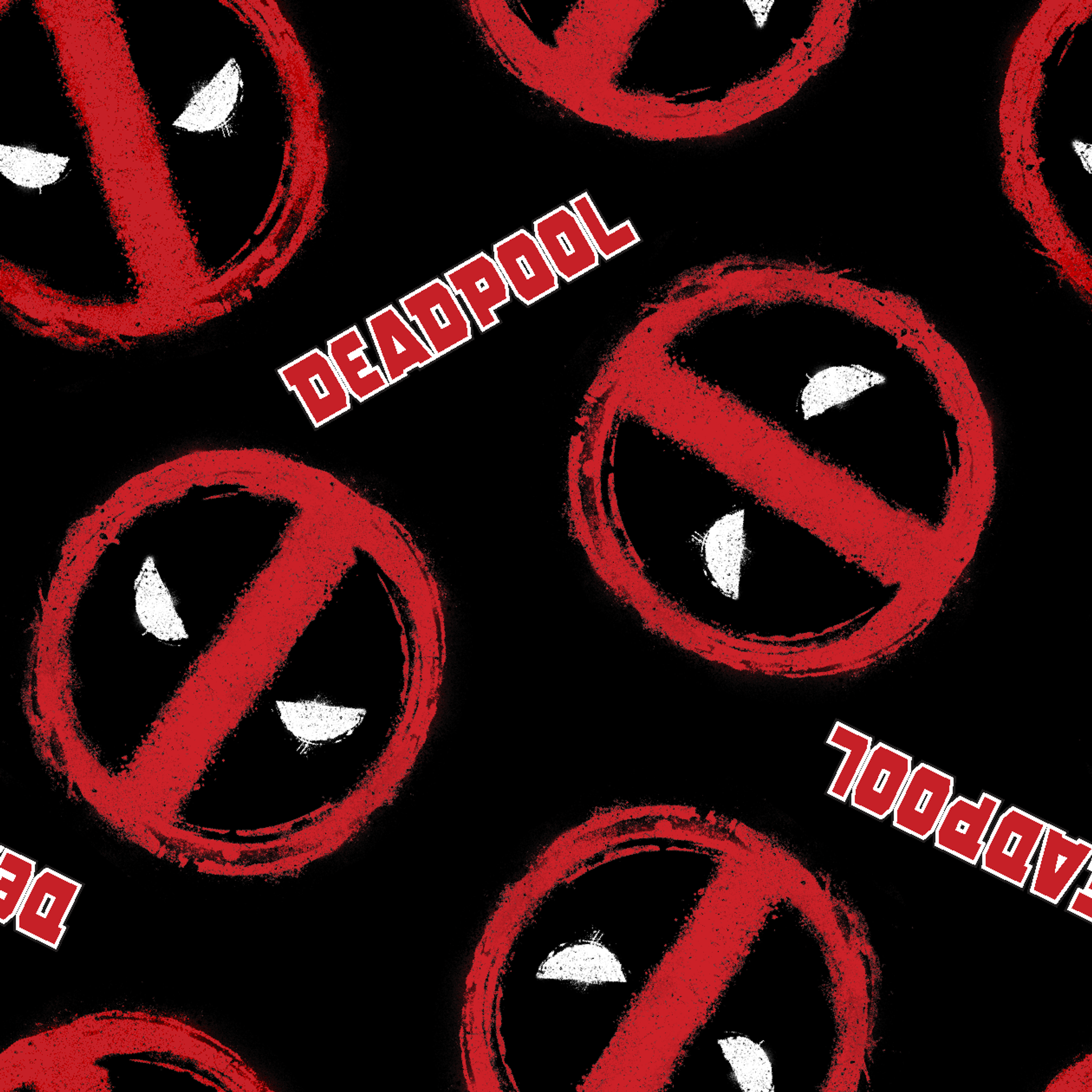 Deadpool logo pattern with red circular emblems featuring white eyes on black background tiled preview square