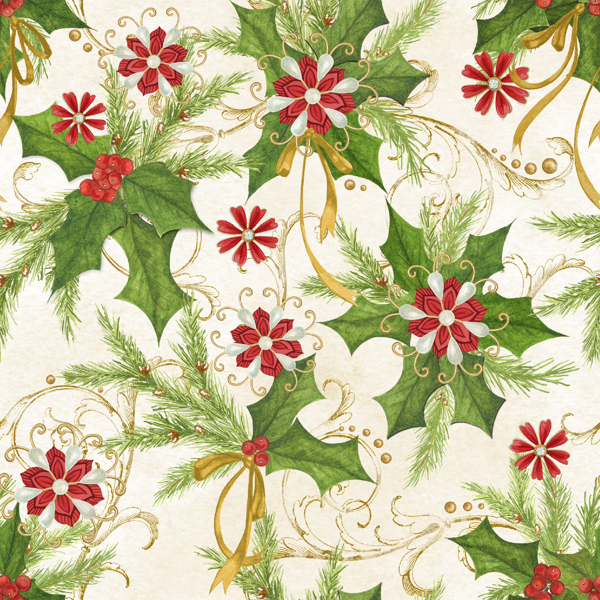 Festive pattern featuring holly leaves, pine branches, red floral medallions, and golden swirls on an ivory background by Nicole Tamarin. tiled preview square